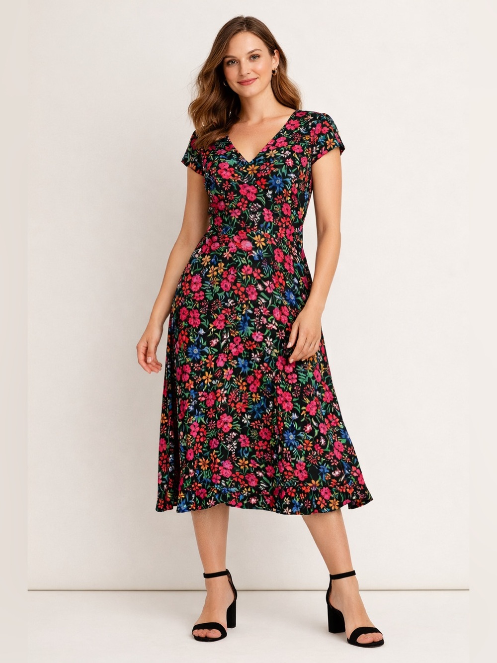 GAP Floral Midi Dress Size S Black Multicolor Garden Print Spring Summer Outfit